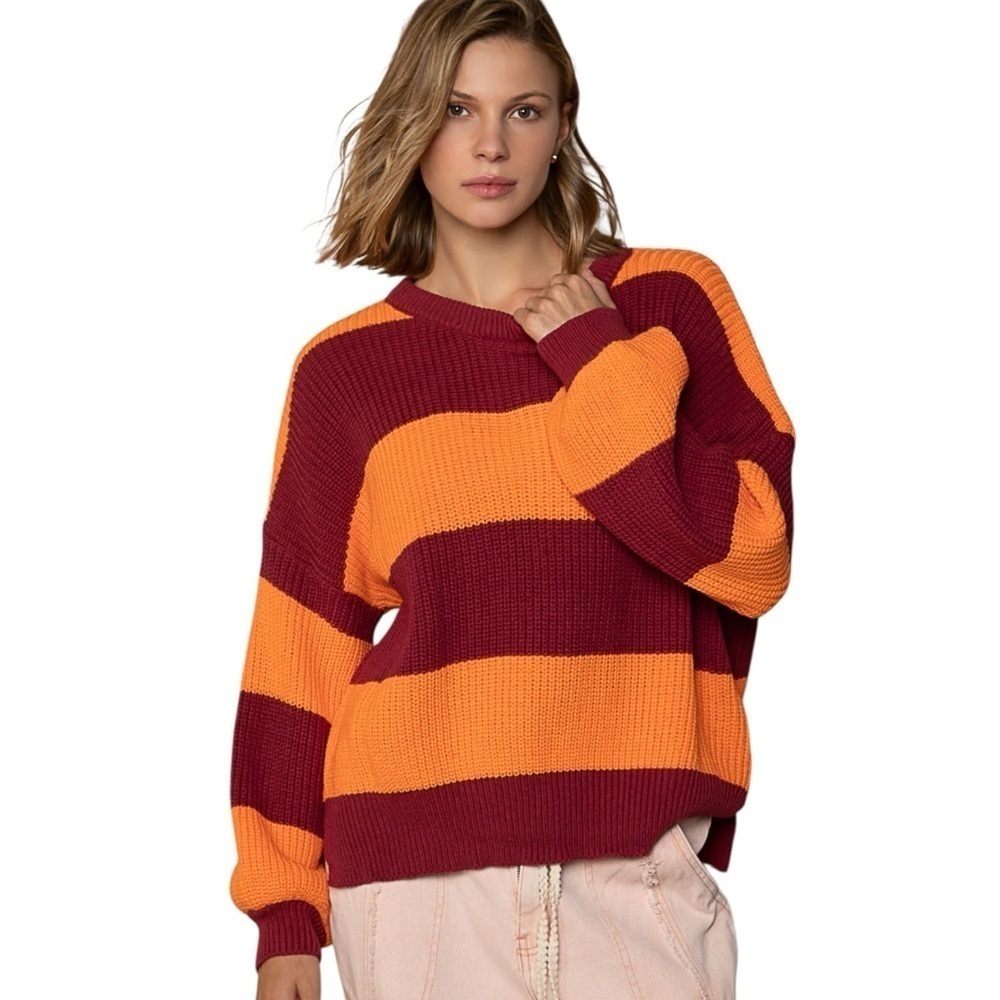 POL Striped Orange & Red Sporty Pullover Knit Sweater Sz S,M or L New w/ Tags